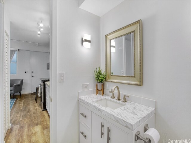 bathroom featuring vanity and wood-type flooring