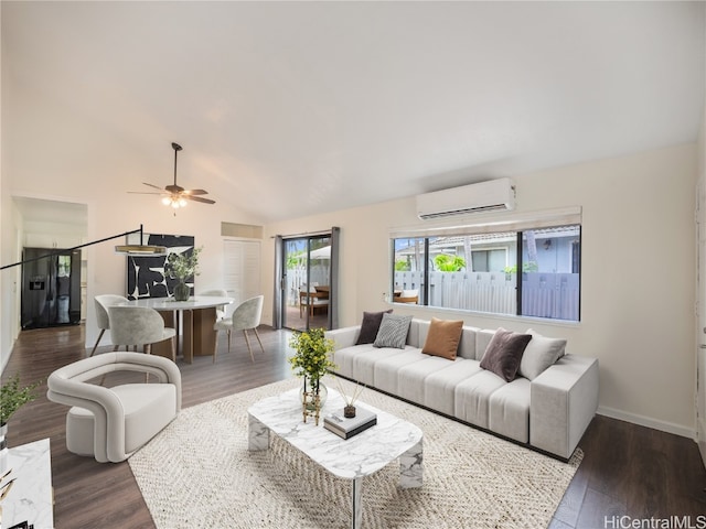 living room featuring a wall mounted AC, ceiling fan, high vaulted ceiling, and dark hardwood / wood-style flooring