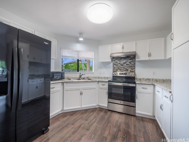 kitchen with sink, black appliances, and white cabinets