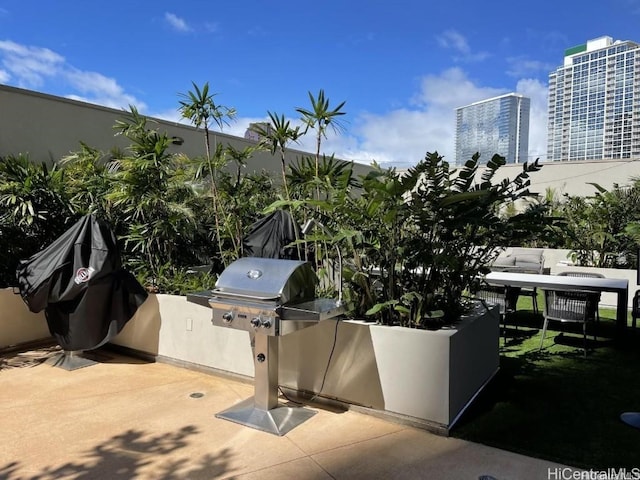 view of patio / terrace featuring a grill, an outdoor kitchen, and a city view