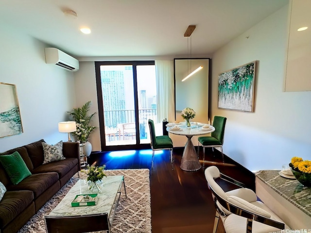 987 Queen St Unit 2405, Honolulu, HI 96814 - living area featuring a wall mounted AC, dark wood-type flooring, and recessed lighting