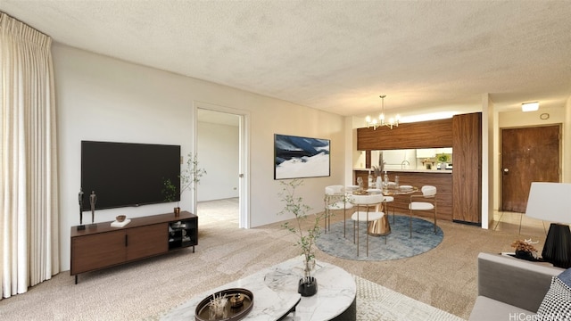 living room with a textured ceiling, a chandelier, and light colored carpet