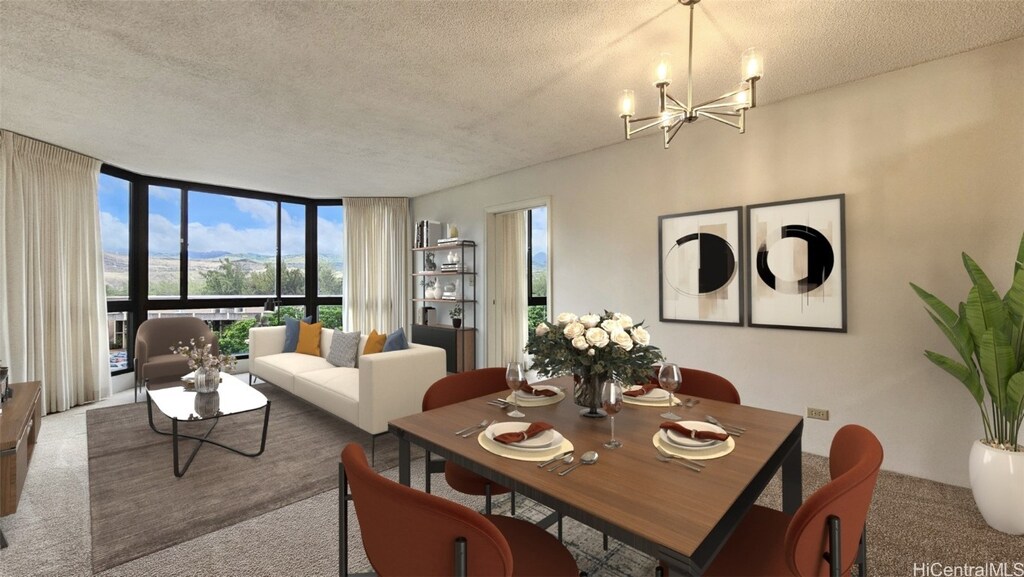 dining room with floor to ceiling windows, a textured ceiling, an inviting chandelier, and carpet flooring