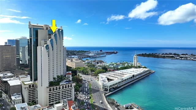 aerial view featuring a water view