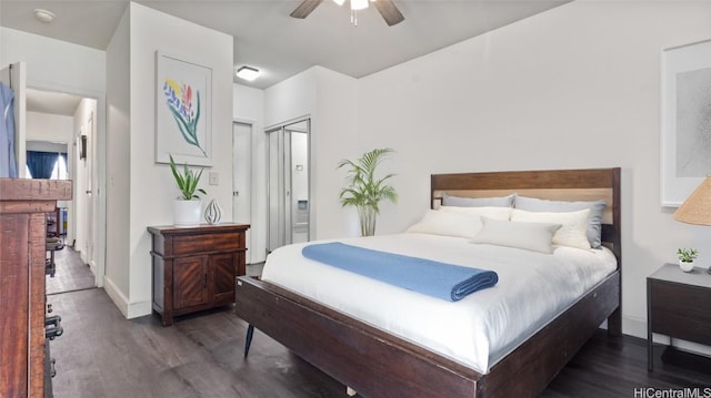 bedroom featuring a closet, ceiling fan, and dark hardwood / wood-style flooring