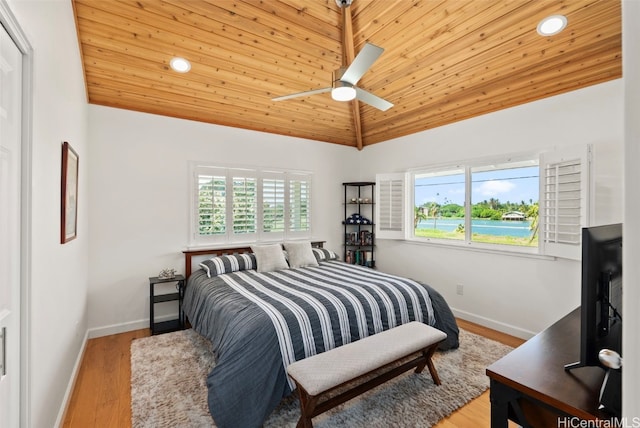 bedroom featuring ceiling fan, wooden ceiling, and light hardwood / wood-style flooring