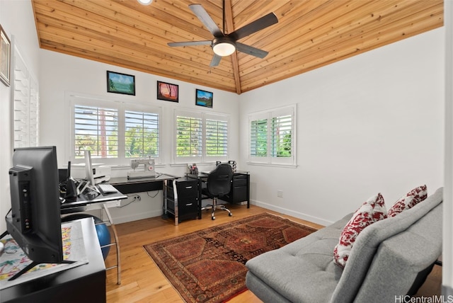 office with ceiling fan, light hardwood / wood-style flooring, high vaulted ceiling, and wooden ceiling