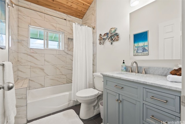 full bathroom featuring shower / bath combo, lofted ceiling, toilet, vanity, and wood ceiling