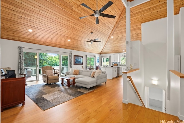 living room featuring wood ceiling, high vaulted ceiling, and light hardwood / wood-style flooring