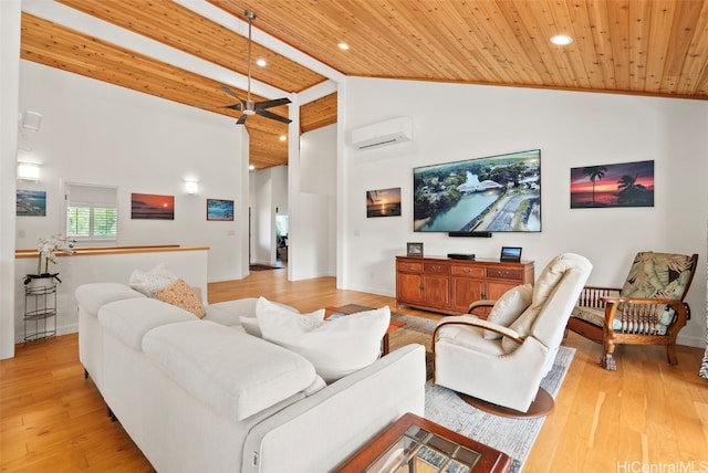 living room featuring a wall mounted AC, high vaulted ceiling, wooden ceiling, and light wood-type flooring