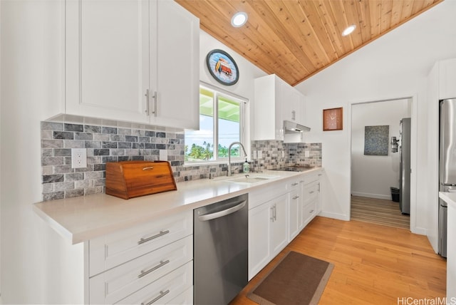 kitchen with stainless steel appliances, light hardwood / wood-style floors, lofted ceiling, white cabinets, and wood ceiling