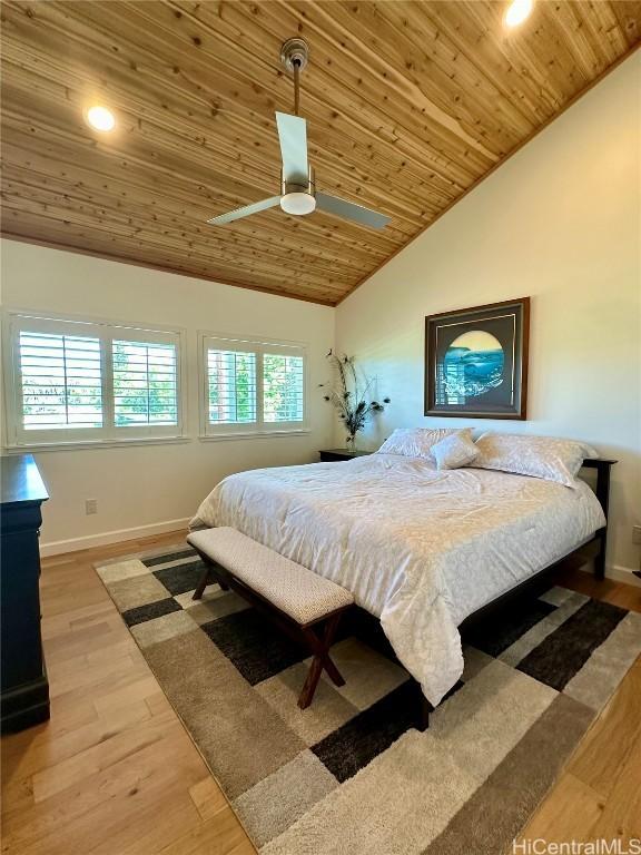 bedroom featuring vaulted ceiling, light hardwood / wood-style flooring, ceiling fan, and wooden ceiling