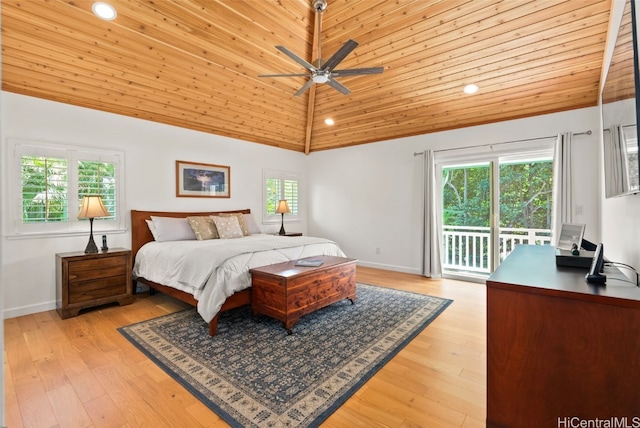 bedroom with access to exterior, ceiling fan, wooden ceiling, light hardwood / wood-style flooring, and high vaulted ceiling