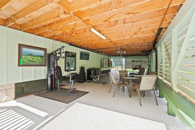 basement with ceiling fan