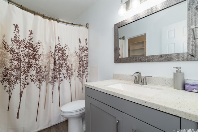 bathroom featuring toilet, vanity, wood-type flooring, and a shower with shower curtain