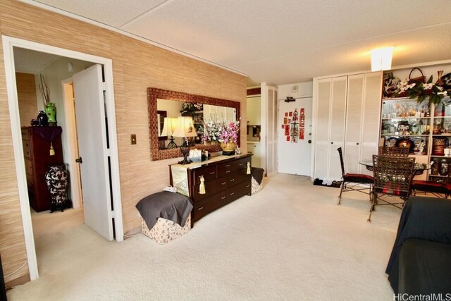 interior space featuring light carpet