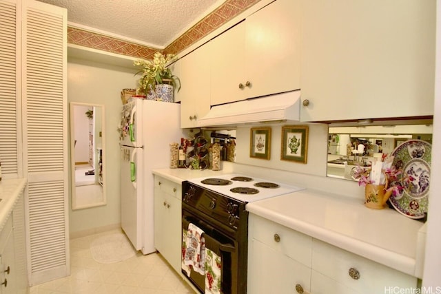 kitchen featuring custom exhaust hood, a textured ceiling, white cabinets, white refrigerator, and black electric range