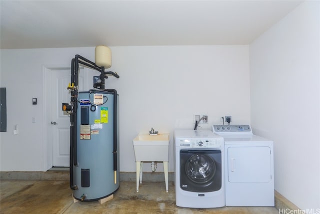 laundry room with electric water heater, electric panel, and separate washer and dryer