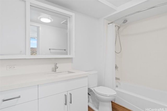 full bathroom featuring shower / bath combination with curtain, vanity, toilet, and hardwood / wood-style floors