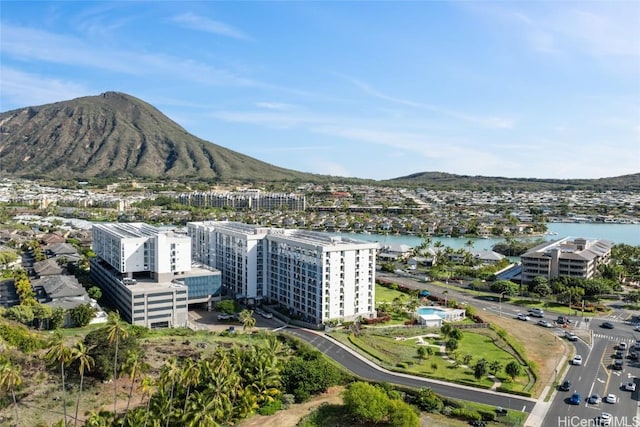 aerial view with a water and mountain view