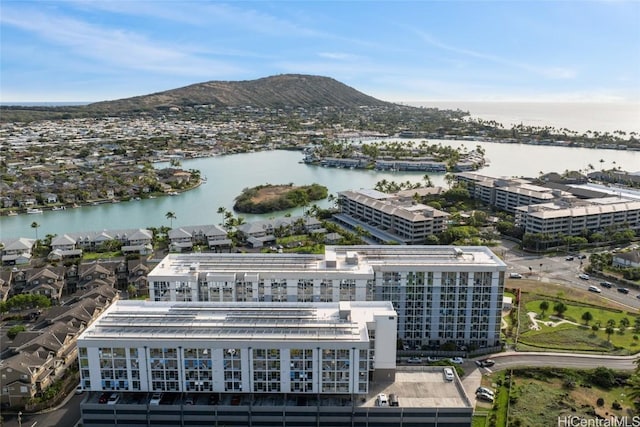 bird's eye view featuring a water and mountain view