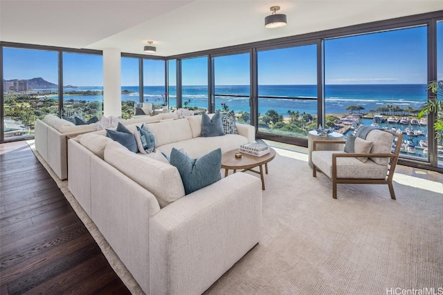 living room with a water view, hardwood / wood-style floors, and a wall of windows