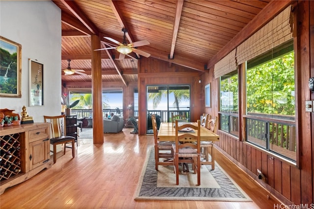 dining room with lofted ceiling with beams, light hardwood / wood-style floors, ceiling fan, wooden ceiling, and wooden walls