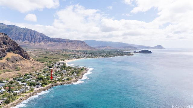 bird's eye view featuring a water and mountain view