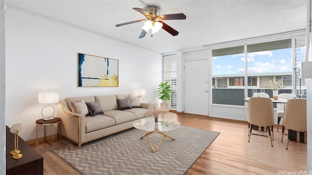 living room featuring a textured ceiling, light wood-type flooring, and ceiling fan