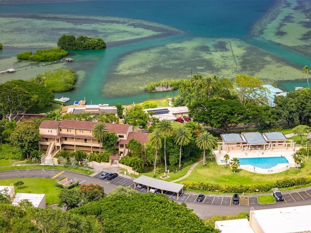 drone / aerial view with a water view