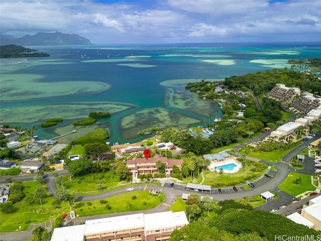 birds eye view of property featuring a water view