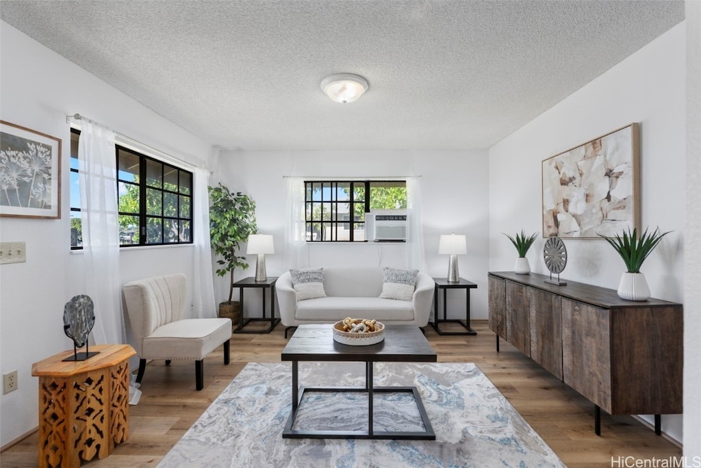 living room featuring light hardwood / wood-style floors and a textured ceiling