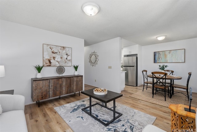 living room featuring a textured ceiling and light hardwood / wood-style flooring