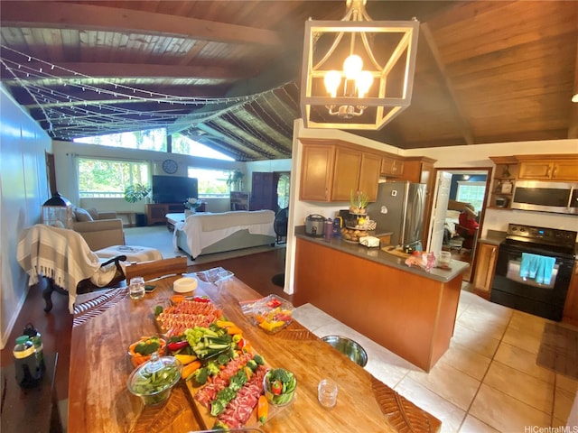 kitchen with stainless steel appliances, wood ceiling, open floor plan, a peninsula, and light tile patterned floors