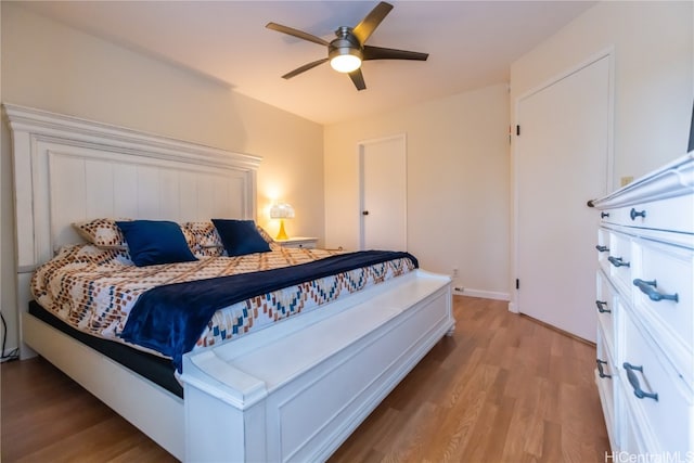 bedroom featuring light hardwood / wood-style floors and ceiling fan