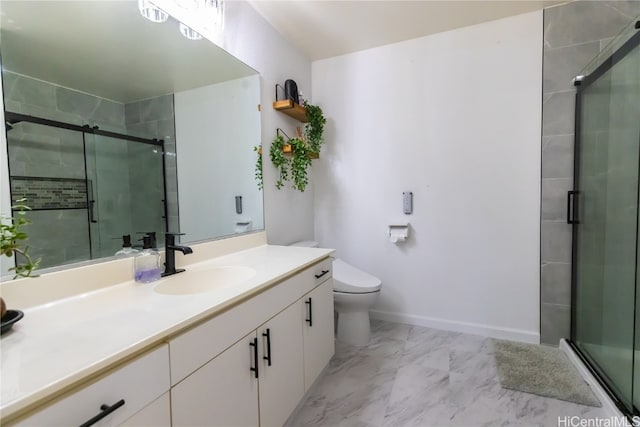 bathroom with toilet, an enclosed shower, and vanity