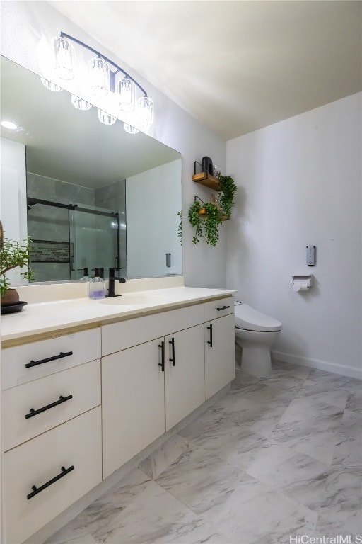 bathroom with toilet, an enclosed shower, and vanity