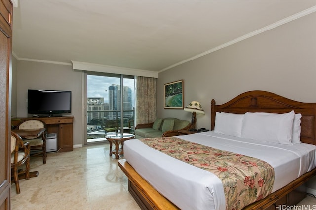 bedroom featuring access to exterior and ornamental molding