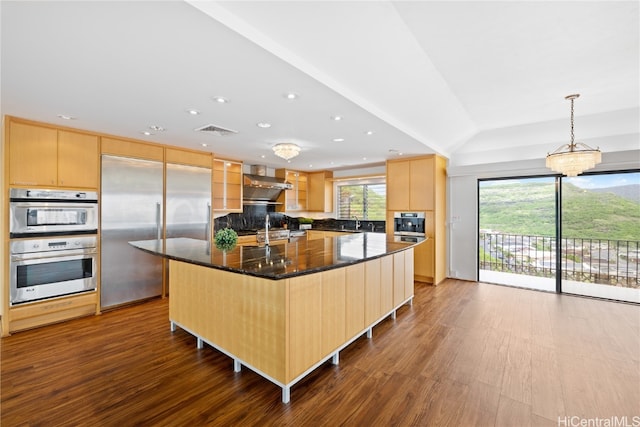 kitchen featuring hardwood / wood-style floors, stainless steel appliances, a center island, and decorative light fixtures