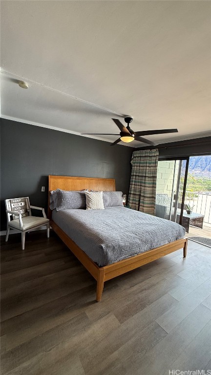 bedroom featuring access to outside, ceiling fan, hardwood / wood-style floors, and crown molding