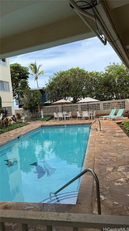 view of swimming pool with a patio area