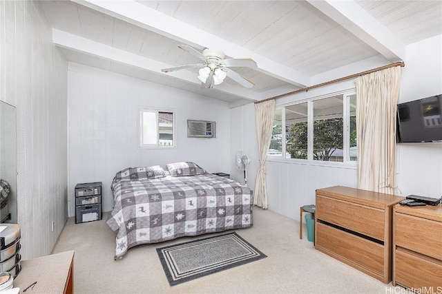 carpeted bedroom featuring vaulted ceiling with beams, multiple windows, a wall unit AC, and ceiling fan