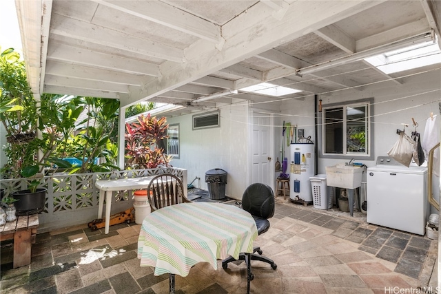 view of patio / terrace featuring water heater, washer / clothes dryer, and sink