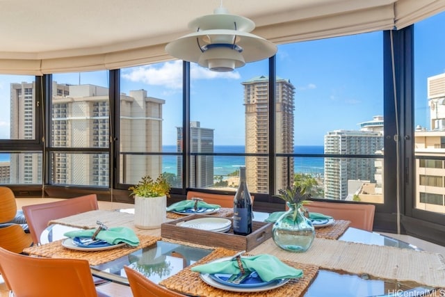 dining room with a water view