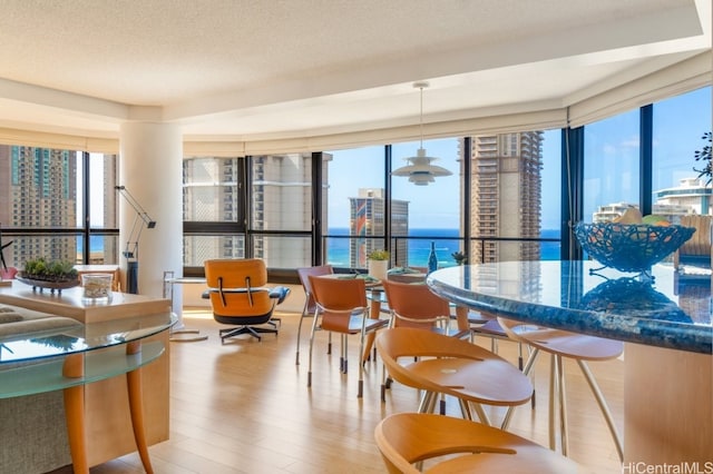 dining room with a water view, a textured ceiling, a wealth of natural light, and light wood-type flooring