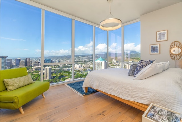 bedroom featuring multiple windows, wood-type flooring, and floor to ceiling windows