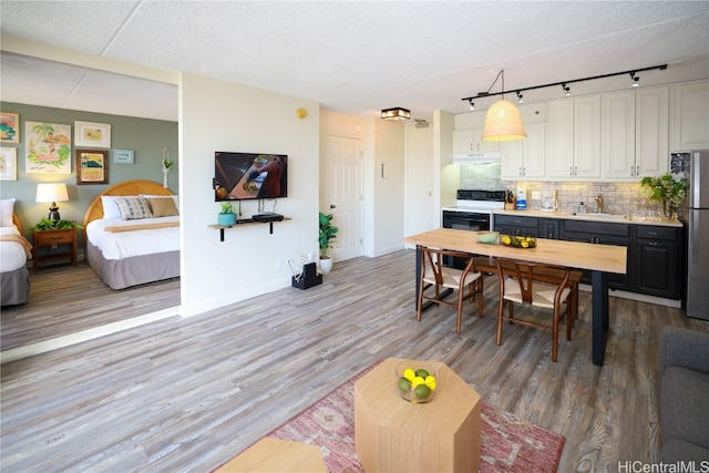 dining area with a textured ceiling, light hardwood / wood-style floors, and sink