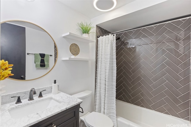 full bathroom with toilet, vanity, and shower / bath combo with shower curtain