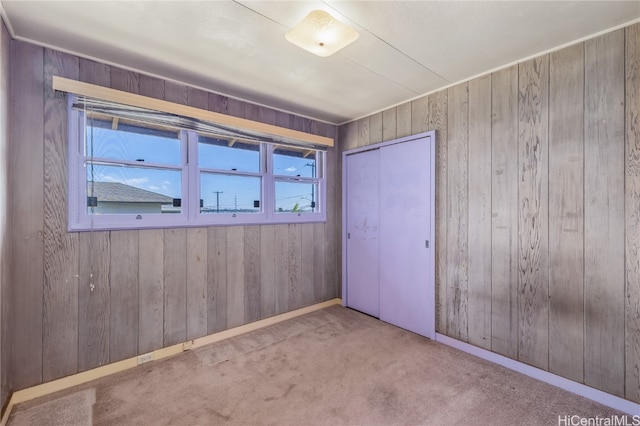 carpeted empty room with wooden walls and plenty of natural light