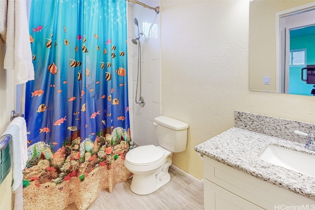 bathroom with vanity, toilet, and a shower with shower curtain